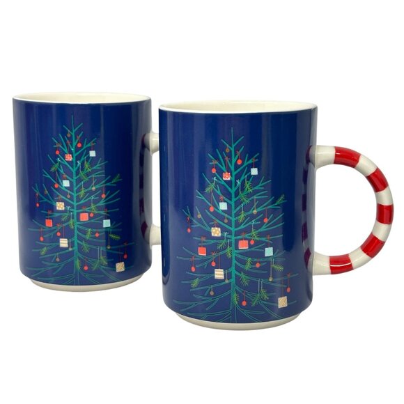 Starbucks 2018 Christmas Tree Blue Holiday Mug 12 Oz Red Candy Cane Handle Set - Picture 1 of 7